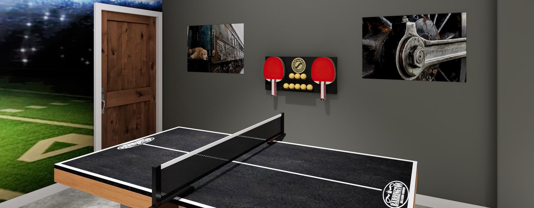 a game room with a ping pong table