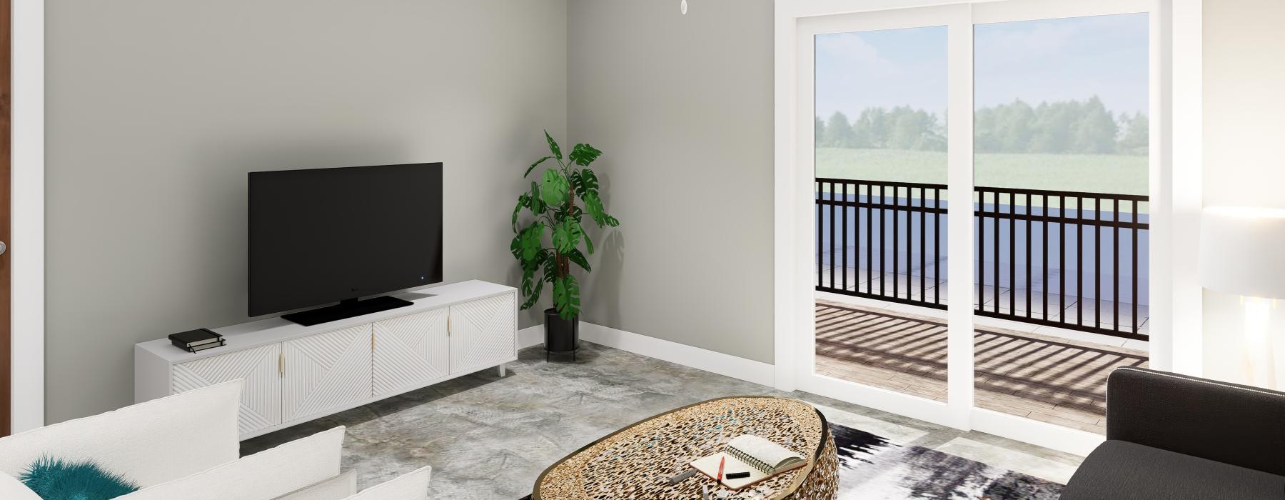 a living room with a tv and a large window